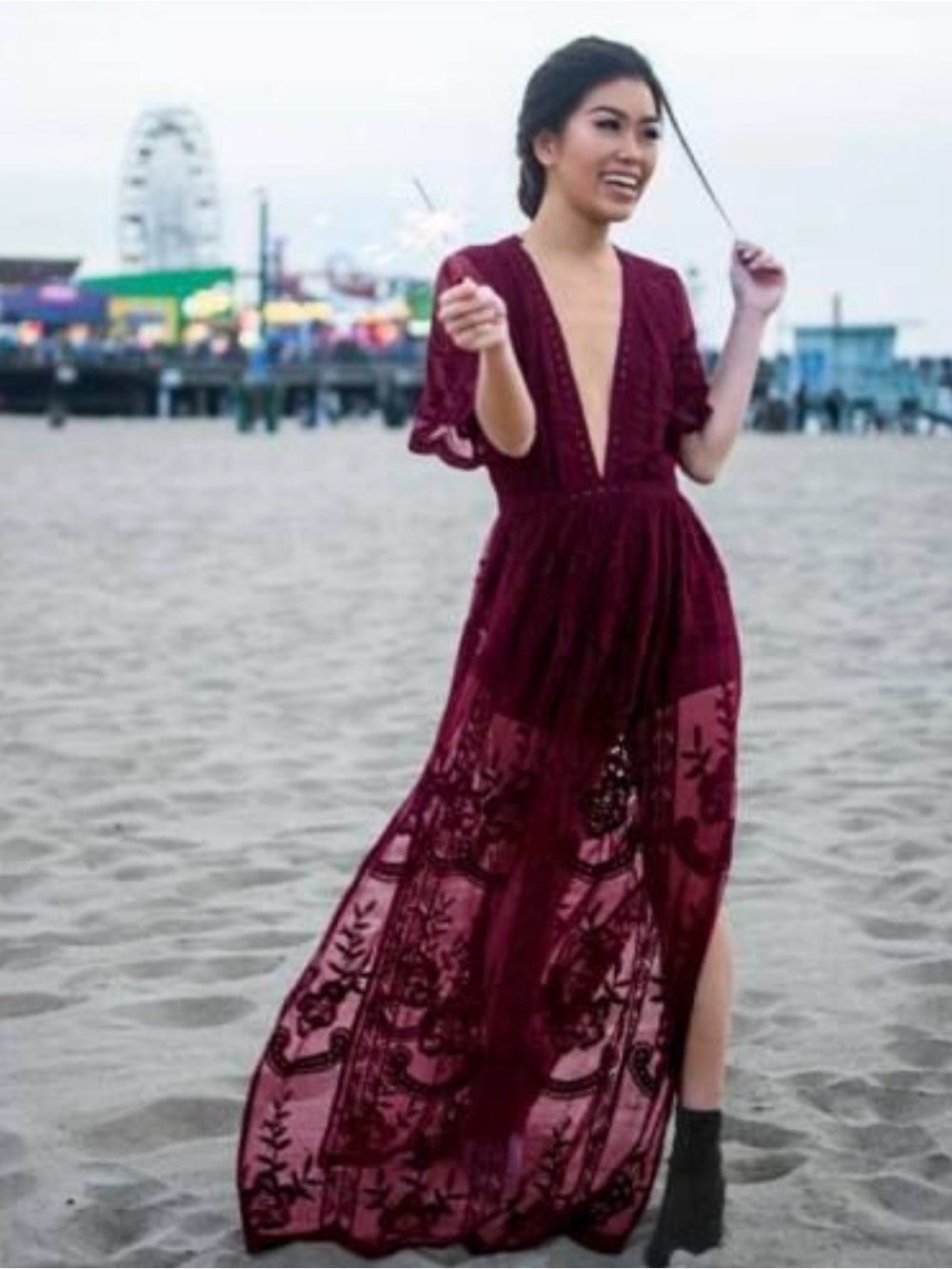 Honey Punch As You Wish Burgundy Lace Maxi Romper Dress M